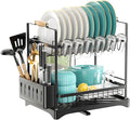 Housmile Dish Drying Rack, Large-Capacity Dish Rack for Kitchen Counter, Stainless Steel Dish Drainer, 2-Tier Drying Rack Kitchen Adjustable Height for Dishes, Knives, Spoons, and Forks, Black