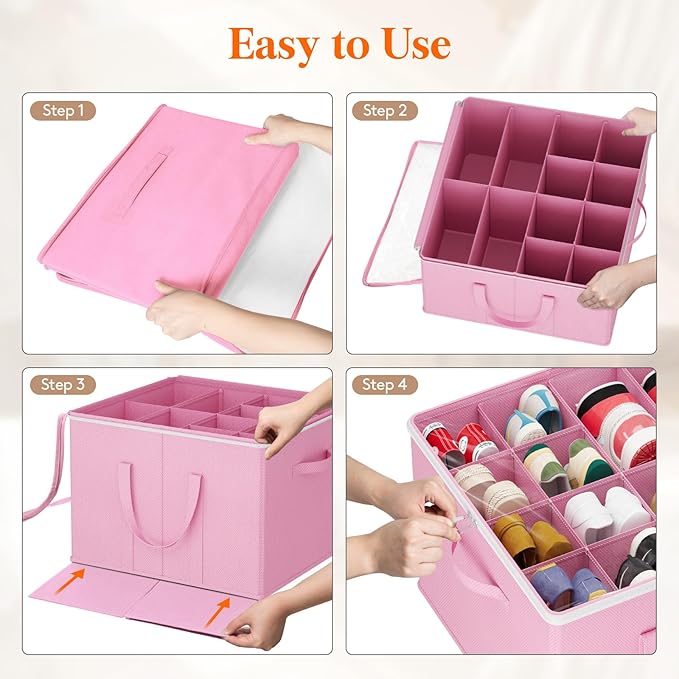 Lifewit Shoe Storage Organizer for Closet, Fabric Large Shoe Box Storage Containers with Clear Cover, Foldable Bins for Boots Heels Sneakers Fits 24-32 Pairs (Each 12-16 Pairs) 2 Pack Pink