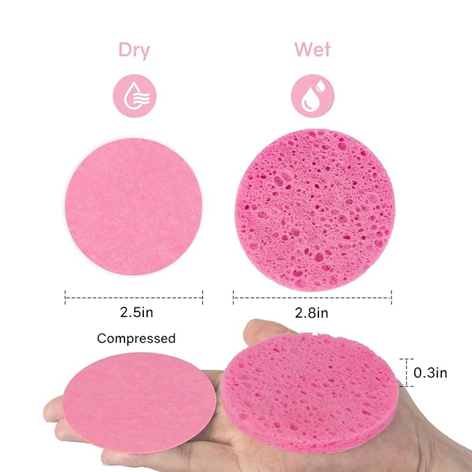 50-Count Compressed Facial Sponges,100% Natural Cellulose Cosmetic Make Up Sponges for Face Daily Facial Cleansing,Exfoliating,Makeup Removal(Pink)