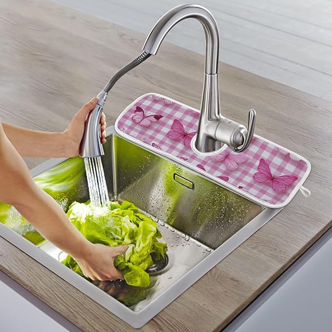 Sink Faucet Absorbing Mat Kitchen Sink Splash Guard Splash Faucet Drip Catcher for Bar RV Bathroom 2PCS 14.9x5.5in Checkered Pink and White Butterflies