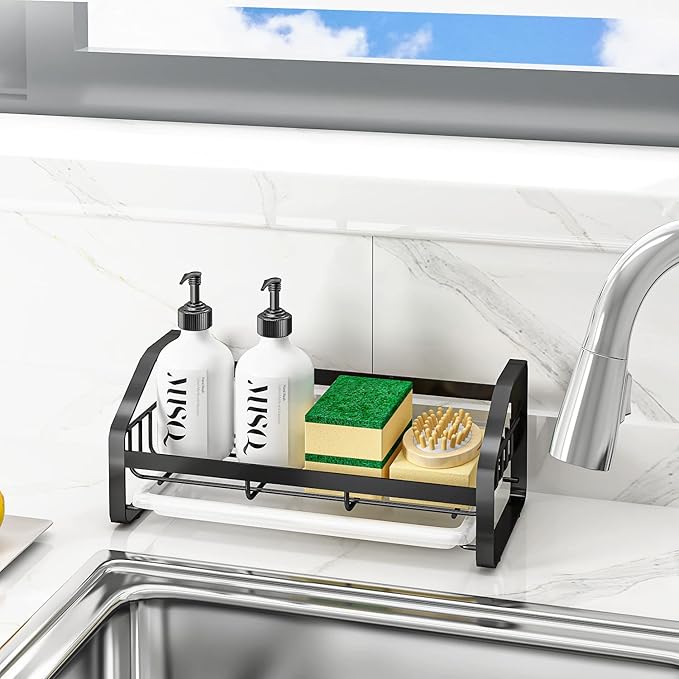 Sink Caddy, Sponge Holder for Kitchen and Bathroom, 304 Stainless Steel Countertop Organizer Soap Tray With Removable Drain Tray - Black Length Version
