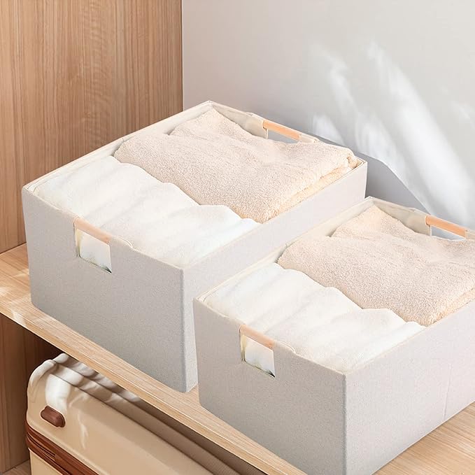 Fabric Storage Bin Box Foldable Cotton Linen Storage Basket with Wooden Handles Rectangular Cube Decorative Home Laundry Organizer Clothes Blanket Container - Beige, Small