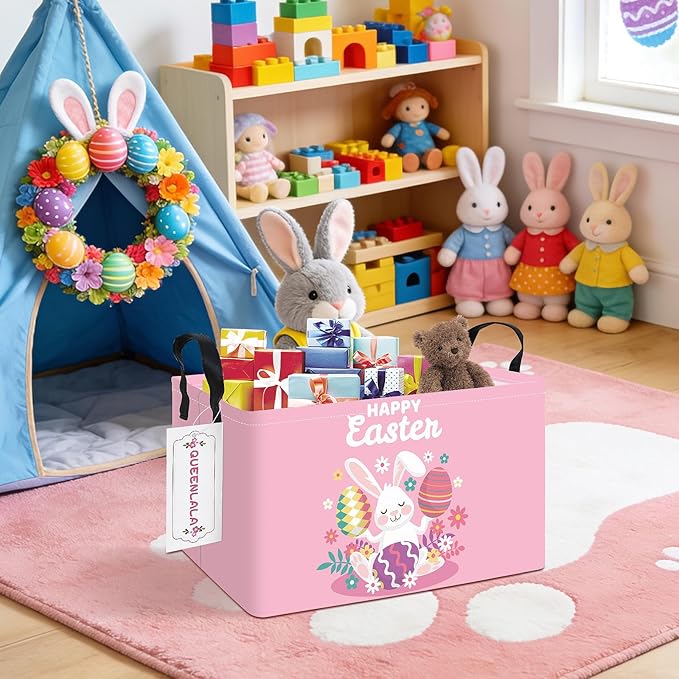 QUEENLALA Rectangular Laundry Hamper/Foldable Nursery Laundry Basket for Organizing/Storage Bin Baskets/Children Toy Office Bedroom/Toy Bin Closet Shelf Baskets (Rec-Pink Easter Rabbit Eggs)