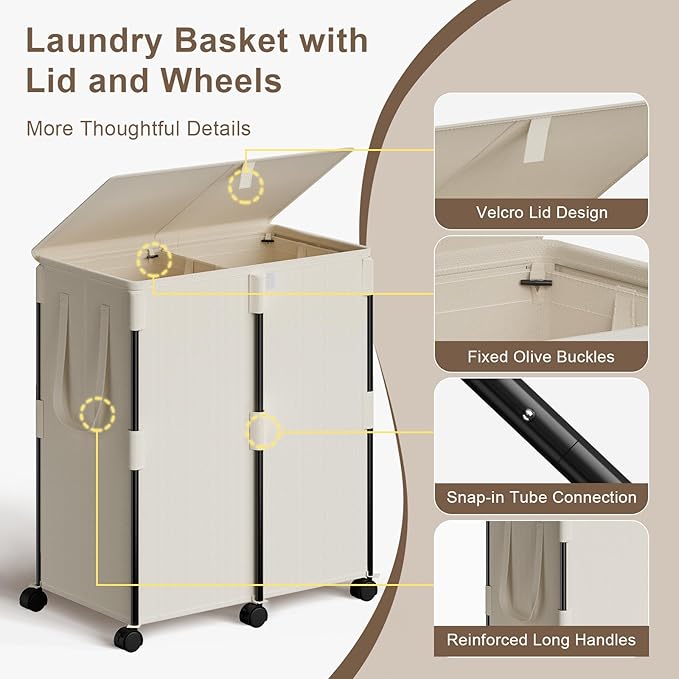 Chrislley 140L Large Double Laundry Hamper with Lid and 6 Wheels, Rolling Laundry Basket with 2 Removable Bags, Heavy Duty Metal Frame Laundry Cart, Dirty Clothes Hamper for Bathroom, Bedroom (Beige)