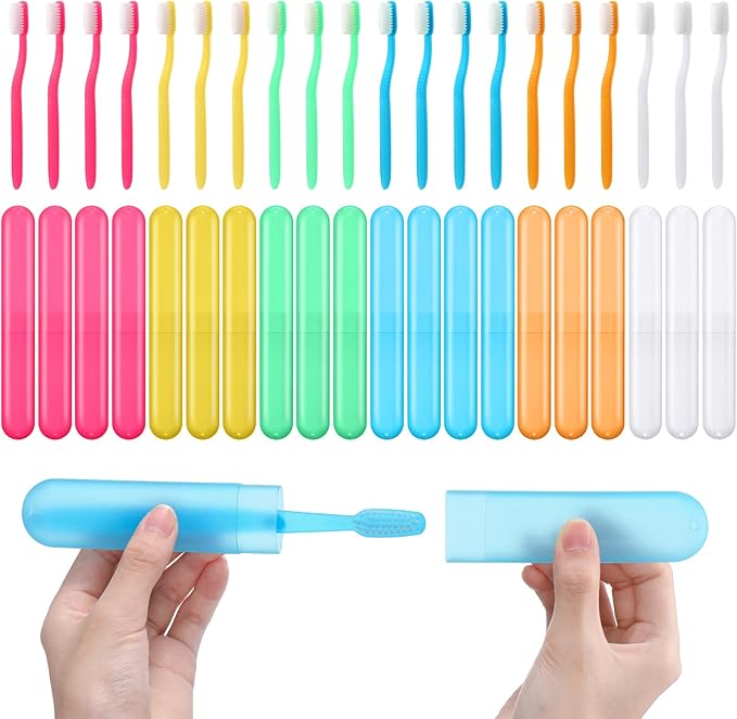 LemonRoad 40 Pcs Travel Toothbrush Holder Sets 20 Disposable Toothbrush Individually Wrapped 20 Portable Tooth Brush Case Covers with Ventilation Holes for Travel, Home, Camping, Hotel(Candy)
