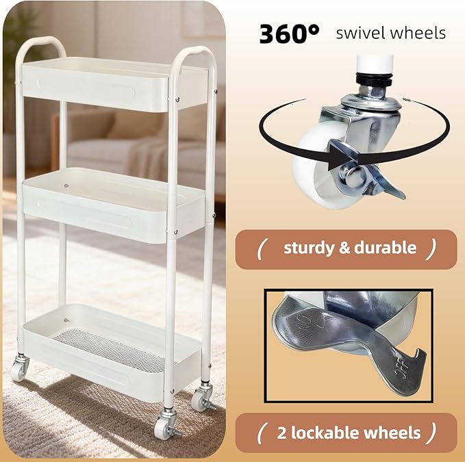 3 Tier Narrow Rolling Storage Cart for Laundry Room Bathroom Kitchen, 7.1'' Slim Utility Cart with Wheels and Lockable Casters Standing Shelf for Small Space & Between Washer and Dryer, White