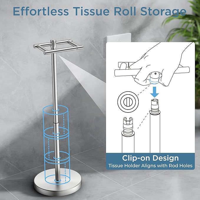 Toilet Paper Holder Stand Adjustable, Freestanding Tissue Roll Holder for Bathroom, Pivoting Design, Durable SUS 304 Stainless Steel and Weighted Base Toilet Paper Stand, Storage, Brushed Nickel