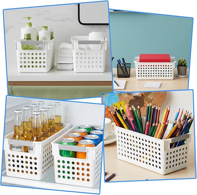 4 Pack Slim Plastic Storage Baskets with Handles,White Rectangular Small Plastic Baskets,Narrow Storage Bins for Organizing, Kitchen,Home,Office