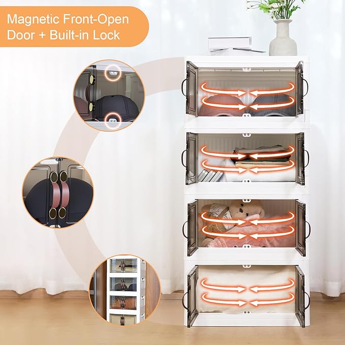 MOONEDGE 35QT Plastic Stackable Storage Bins with Lids, Collapsible Organizer with Magnetic Doors & Hidden Locking Handles, Storage Cabinet for Pet, Closet, Living Room, Pantry & Office Organization