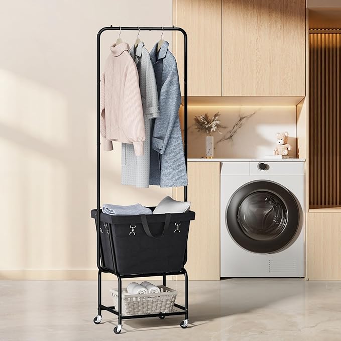 ELYKEN Laundry Cart with Hanging Rack, Rolling Laundry Hamper with Wheels, Laundry Basket with Removable Liner Bag and Shelf, Sturdy Metal Frame Dirty Clothes Basket for Hotel, Home, Closet, Dorm