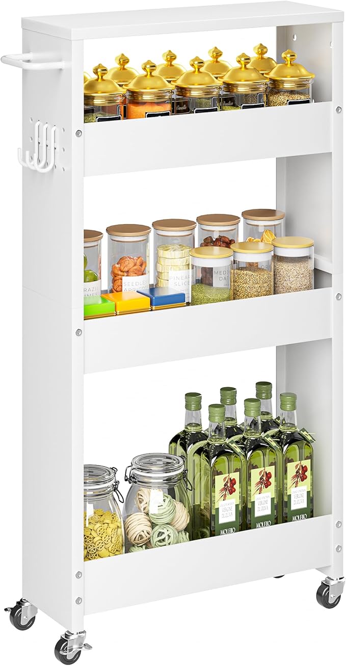 Slim Storage Cart, 4 Tier Rolling Kitchen Cart on Wheels for Small Space, Narrow Laundry Bathroom Organizers Mobile Shelving Unit Metal Utility Cart with Handle, 5.9in Width, White
