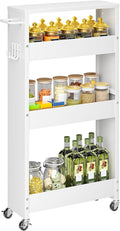 Slim Storage Cart, 4 Tier Rolling Kitchen Cart on Wheels for Small Space, Narrow Laundry Bathroom Organizers Mobile Shelving Unit Metal Utility Cart with Handle, 5.9in Width, White