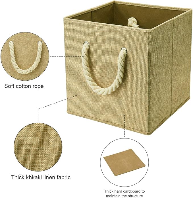 i BKGOO Foldable Storage Cube Bins Khaki Linen Fabric Collapsible Resistant Basket Box Organizer with Cotton Rope Handle for Home Office and Nursery 10.5x10.5x11 inch