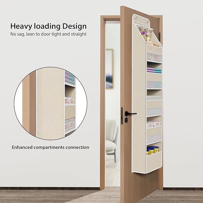 Univivi 6-Shelf Over Door Hanging Organizer Fabric Baby Door Storage with 5 Extra Large Capacity Pockets Behind the Door Hanging Storage Organizers Easy Install Door Storage for Baby Essential (Beige)