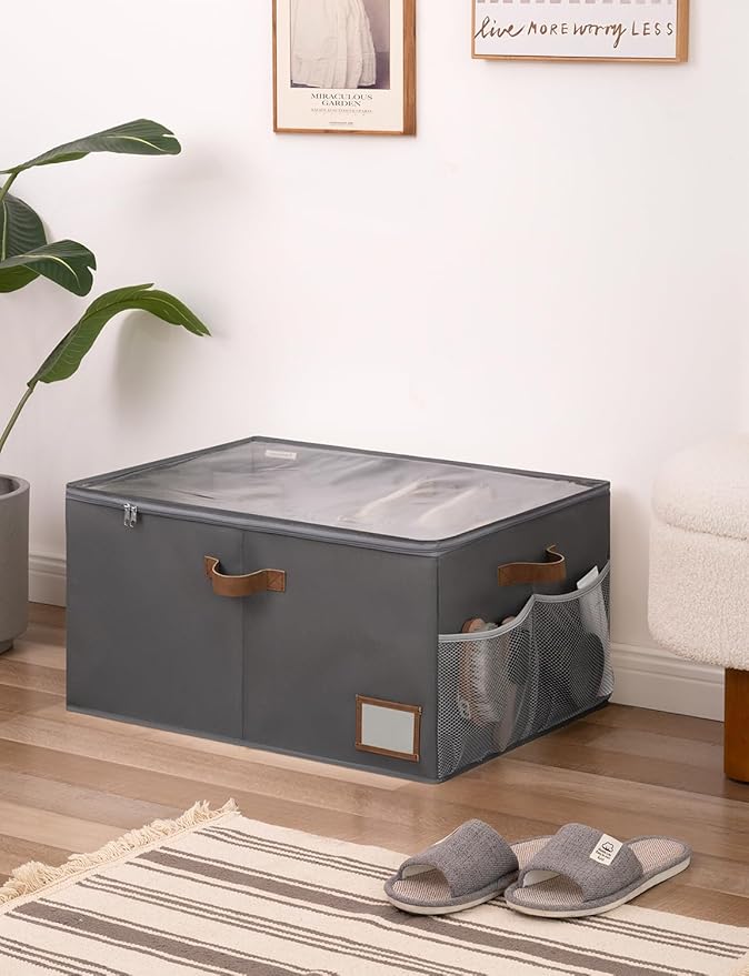StorageWorks Shoe Organizer for Closet, Fits up to 20 Pairs, Shoe Cubby Storage Containers with Side Mesh Pocket and Clear Cover, Grey