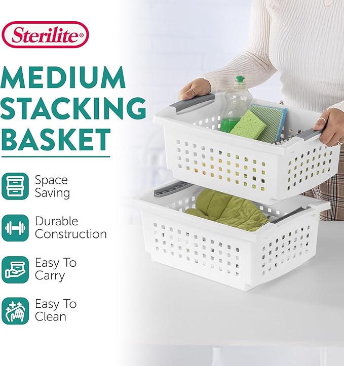 Sterilite 10-Pack Medium Stacking Basket, Open Top Plastic Storage Organizer, White - Stackable Crate Containers for Countertop, Cabinet, Pantry Shelf, Laundry Room, Bathroom & Home Office