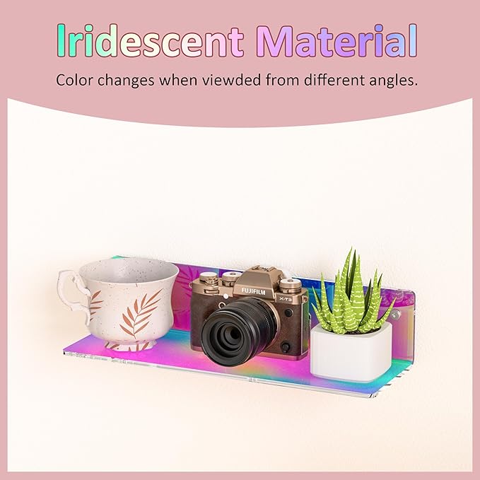 12 Inches Iridescent Wall Shelves, Moisture-Proof, Acrylic Bathroom Wall Shelves, Clear Floating Shelves for Bathroom, Bedroom, Living Room, Retail, 2 Pack