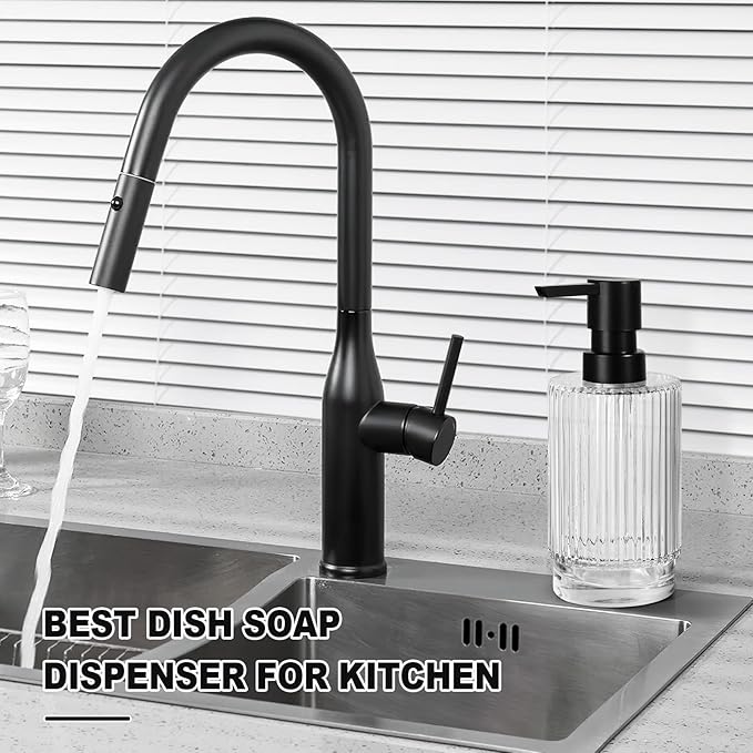 Glass Soap Dispenser with Pump, 11 fl oz Clear Hand Soap Dispensers for Bathroom, Ribbed Style Dish Soap Dispenser for Kitchen, Modern Refillable Liquid Soap Pump Bottle