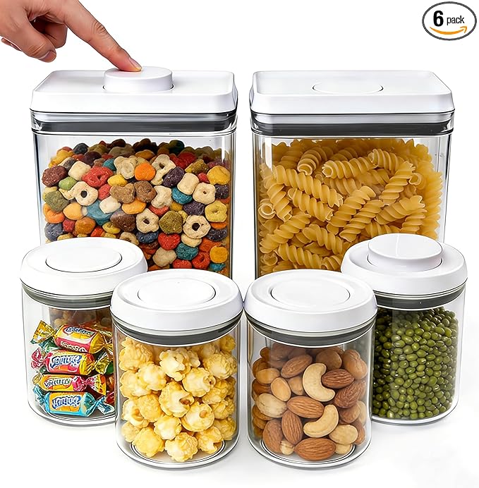 Airtight Pop Top Food Storage Container Sets with Lids 6Pcs Round Rectangle Pop Containers for Kitchen Pantry Organization BPA-Free Stackable Kitchen Storage for Cereal Flour Sugar 0.6qt *4, 3.6qt *2