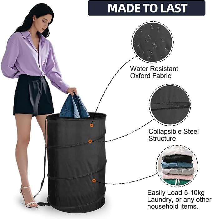 BATTOO Extra Large 107L Strong Laundry Hamper 17.5" x 27" Collapsible Laundry Baskets with Long Straps Drawstring Barrel Foldable Hamper for Laundry Room, Bathroom, Campout, College Dorm or Travel