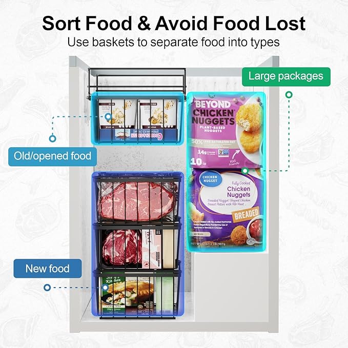 iSPECLE Freezer Organizer Bins - 17.5" Length Fit 5 Cu.FT Chest Freezer, 1 Expandable Hanging Bin & 3 Pack Stackable Deep Freezer Organizer, Sort and Get Frozen Food Easily with Handle, 4 Pack Black