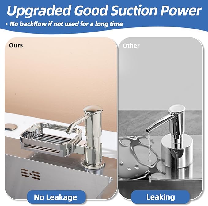 Soap Dispenser for Kitchen Sink, Built in Soap Dispenser Pump with Sponge Holder, Under Counter Brushed Nickel ABS Pump Head with 38" Extension Tube Kit, Good Suction Power