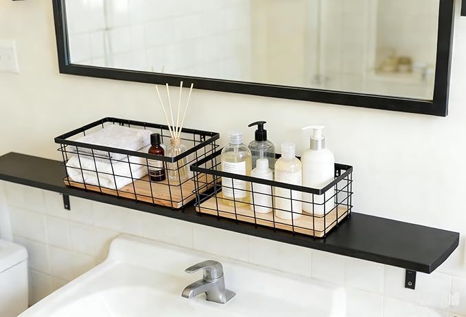 Metal Wire Basket Detachable Wood Base Storage Organizer Farmhouse Hanging Basket for Kitchen Cabinets, Bathroom, Pantry, Laundry Room Set of 2,Black Color