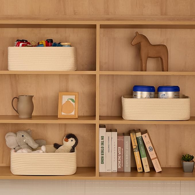 Large Shallow Organizing Baskets 15x11x5.1 Inches - Rope Woven Storage Bins for Bathroom, Shelves, Cube Closet, Beige 4 Packs
