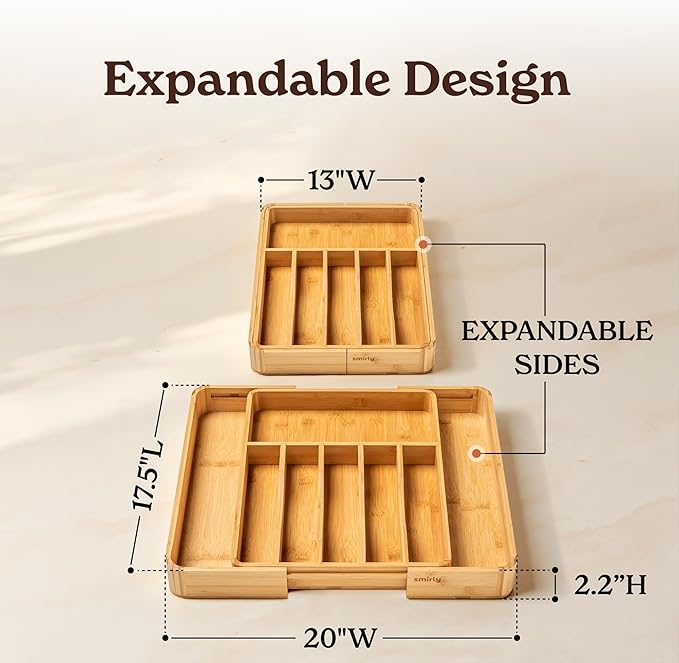 SMIRLY Silverware Drawer Organizer – Bamboo Kitchen Drawer Organizer, Adjustable Utensil Holder and Cutlery Tray, Drawer Dividers for Flatware and Kitchen Utensils | Adjustable, Drawer Dividers, Flatware, Kitchen Utensils