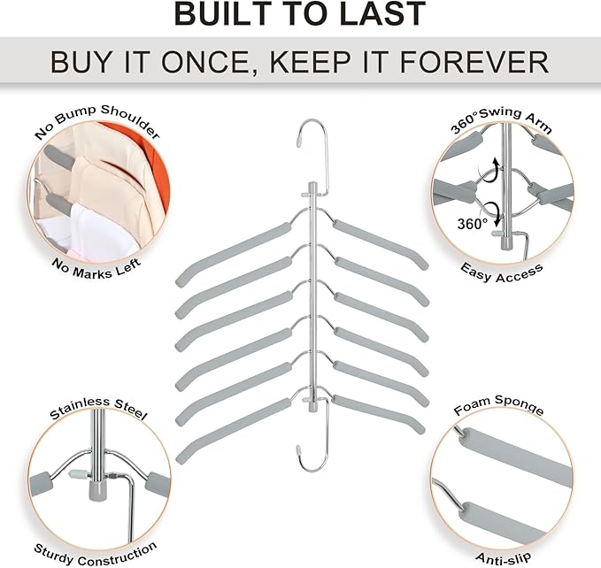 TOPIA HANGER Clothes Hanger Space Saving, 6 Tier Shirt Coat Hangers Space Saving No Bump Shoulder Hangers with No Slip Foam Padded Closet Organizers and Storage for Men and Women 2 Pack CT64G