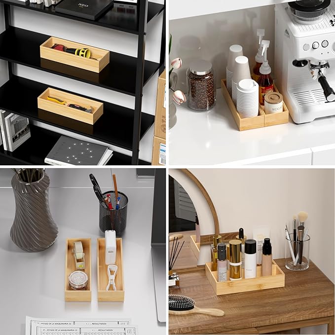 Bamboo Drawer Organizer for Kitchen Utensils, 2 Pack Stackable Cutlery Trays, Fits 1/2" Knives and Silverware, 10" x 3.5" x 2" (Outer), 9.3" x 2.8" x 1.3" (Inner)