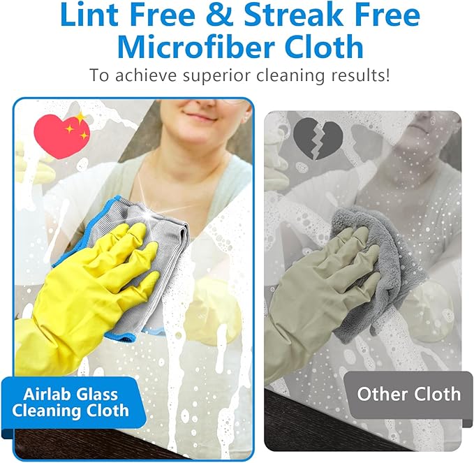 Airlab Glass Polishing Cloth Streak Free Miracle Microfiber Cleaning Cloth Lint Free Cleaning Rags for Glasses Kitchen Dish Mirrors Easy Clean, Pack of 6, 12" x 12", Sliver-Blue