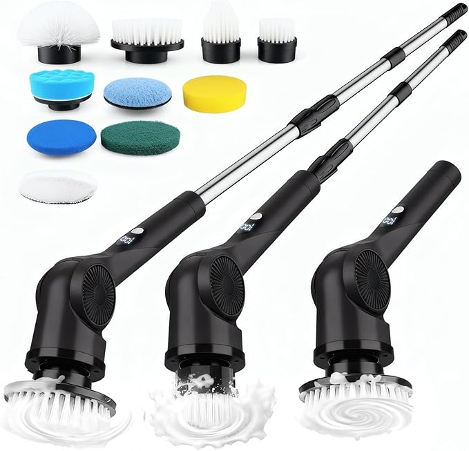 Electric Spin Scrubber, 3-Speed Cordless Shower Scrubber with Long Handle & 10 Replaceable Brush Heads, 90 Mins Runtime & Full-Body IPX7 Waterproof Shower Cleaner Brush for Bathroom Kithchen