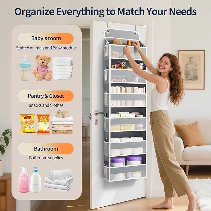 Yecaye 6 Tier Over The Door Organizer Storage, Heavy Duty Door Organizers Hanging with 12 Side Mesh Pockets, 52.8lbs Load Capacity Behind Door Storage for Bathroom Nursery Bedroom Dorm Closet, Grey