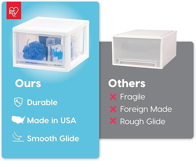 IRIS USA 6 Qt. Plastic Drawer Storage Organizer Stacking Drawers, 4-Pack, Stackable Unit with Sliding Drawer for Clothes Bedroom Kitchen Under Sink Pantry Craft Room Bathroom Dorm Office, White