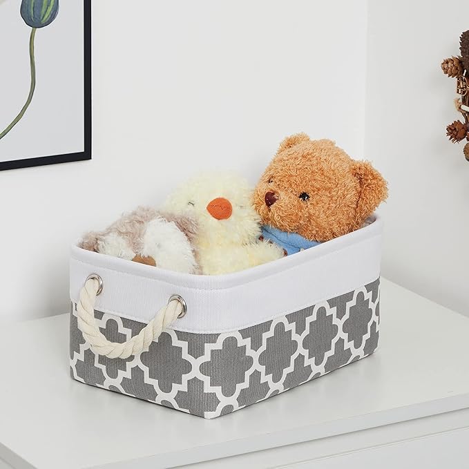 Bidtakay Small Storage Basket Cute Storage Bins Collapsible Fabric Basket Set of 6 Canvas Organizer Bin Empty Gift Baskets Baby Nursery Toys 11.8 X 7.8 X 5 Inches(White&Quatrefoil Grey)