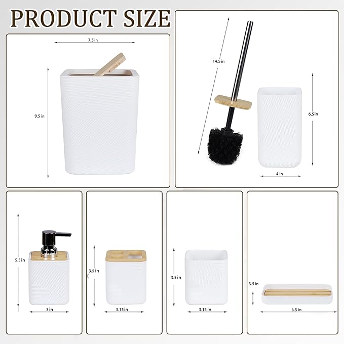 CERBIOR Bathroom Accessories Set 6 Piece Bamboo Bath Ensemble Includes Soap Dispenser, Toothbrush Holder, Toothbrush Cup, Soap Dish for Decorative Countertop and Housewarming Gift (White)