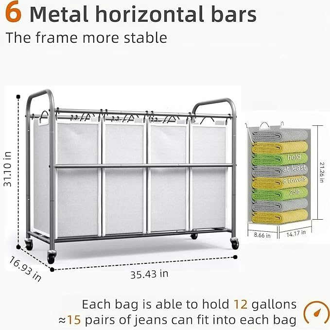 ROMOON Laundry Hamper Sorter Cart: 4-Section Organizer with Heavy-Duty Lockable Wheels and Removable Bags | 172L Rolling Laundry Basket for Dirty Clothes in Laundry Room or Small Spaces (Gray)