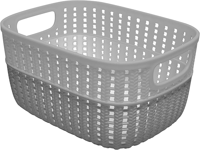 Simplify 2 Tone Sailor Knot Plastic Storage Tote | Decorative Basket | Closet Organization | De-clutter | Accessories | Toys | Bathroom Organization | Small | Grey/Grey