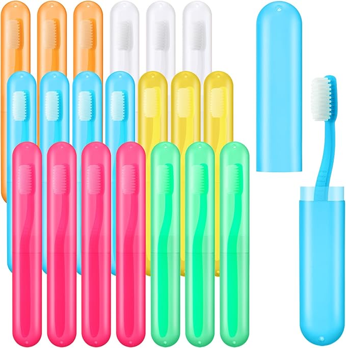 LemonRoad 40 Pcs Travel Toothbrush Holder Sets 20 Disposable Toothbrush Individually Wrapped 20 Portable Tooth Brush Case Covers with Ventilation Holes for Travel, Home, Camping, Hotel(Candy)