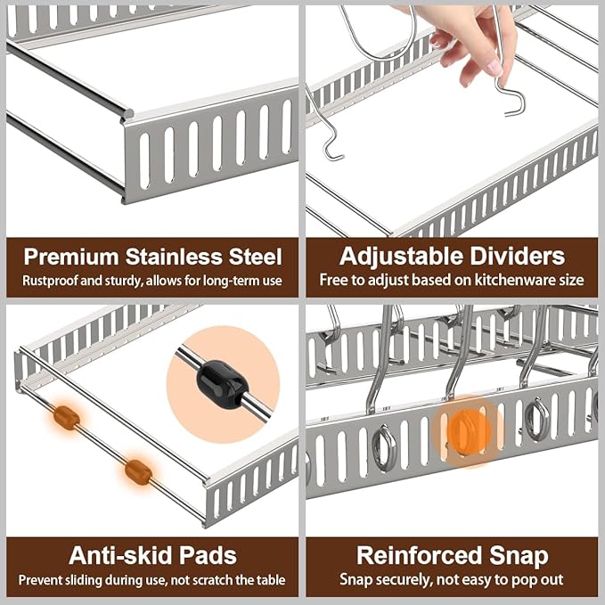 Housolution 2 Pack Pot and Pan Organizer Rack, 12"-23" Expandable Pot Lid Organizer with 14 Adjustable Dividers, Pan Holder Storage Rack for Kitchen Cabinet, Silver