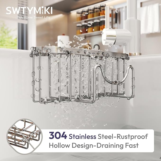 SWTYMIKI Sponge Holder for Kitchen Sink - Movable Kitchen Sink Caddy with M Shape Hook Stainless Steel Hanging Sponges Caddy Organizer in Double Bowl Sinks Depth>3.15in, Middle divider<1.5in, Silver L