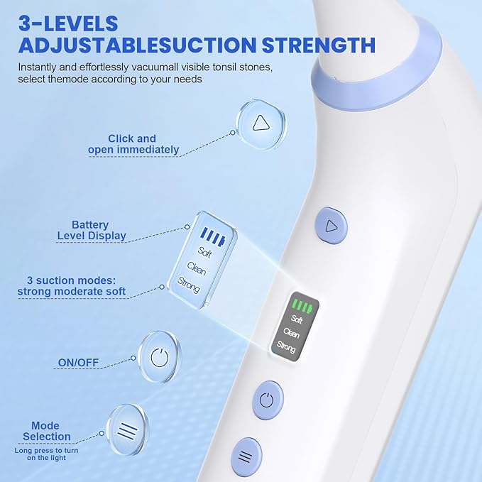 Tonsil Stone Remover Tool, Electric Tonsil Stone Removal Kit with LED Light & 3 Suction Levels | Best Tonsil Stone Remover Vacuum, Tonsil Stone Cleaning Device