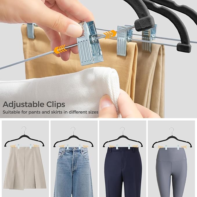 HOUSE DAY Velvet Hangers with Adjustable Clips 20 Pack, Non-Slip Suit Organizer with 360° Hook - Heavy Duty Hanger for Pants, Skirts, Blouses, Dresses - Outfit Hangers All-Season Space Saver (Black)