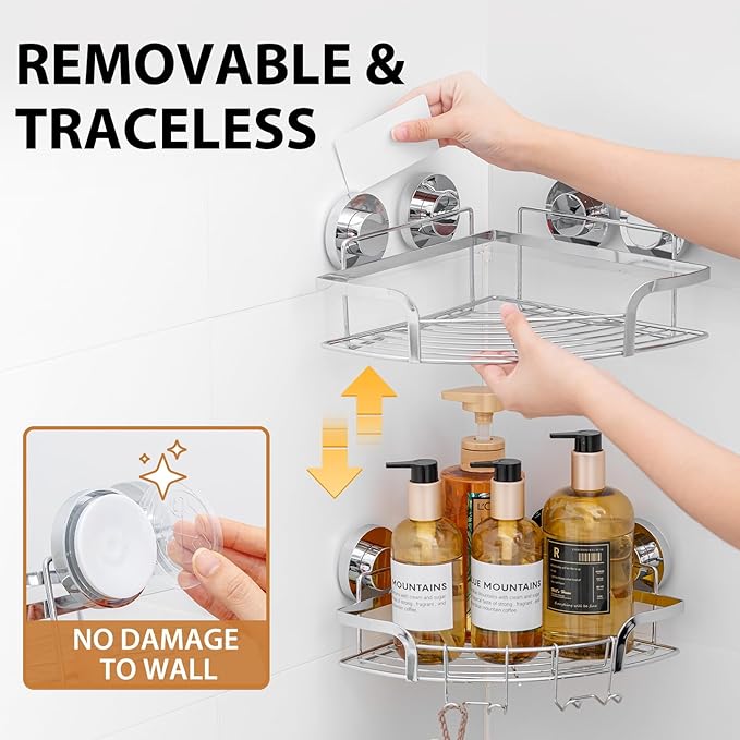 LEVERLOC 2 Pack Powerful Suction Cup Corner Shower Caddy, Stainless Steel Rustproof Shower Shelf with Hooks, Drill-Free Wall Mounted Bathroom Organizer, Large Capacity Removable Suction Basket, Silver