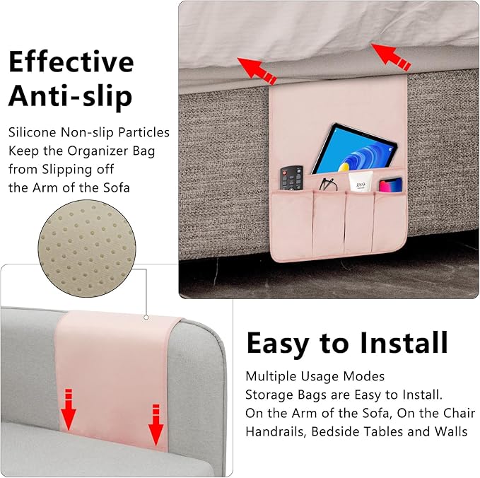 WETRBWEH Remote Control Holder for Armchair，Couch Caddy Organizer TV Remote Holder for Bed Storage 5 Pockets，Remote Caddy Bedside Organizer Bedside Table Organizer (Pink, 35"x12.4")