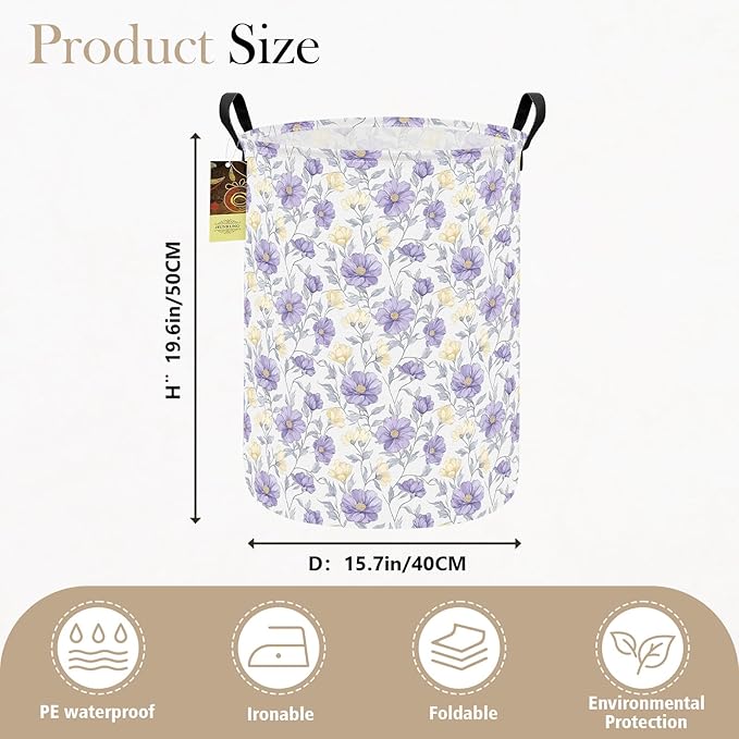 HUNRUNG Laundry Hamper,Large Canvas Fabric Lightweight Storage Basket Toy Organizer Dirty Clothes Collapsible Waterproof for College Dorms（Round-Purple Flowers）