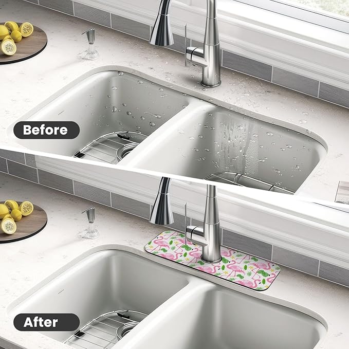 Faucet Draining Mat For Kitchen Sink, Pink Flamingo Leaf Diatom Mud Absorbent Drain Pad For Bathroom Kitchen Sink Splash Guard Drying Mat