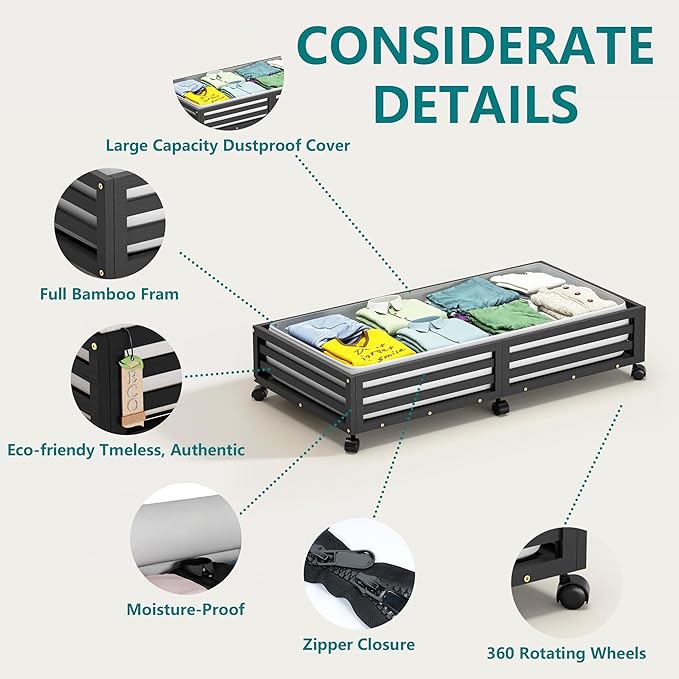 Wisuce Bamboo Under Bed Storage Containers- Underbed Organizer with Wheels with Large Dust Bag,Sturdy Wood Rolling Under the Bed Shoe Storage Organizer Drawer 2 Packs (Black, Long)