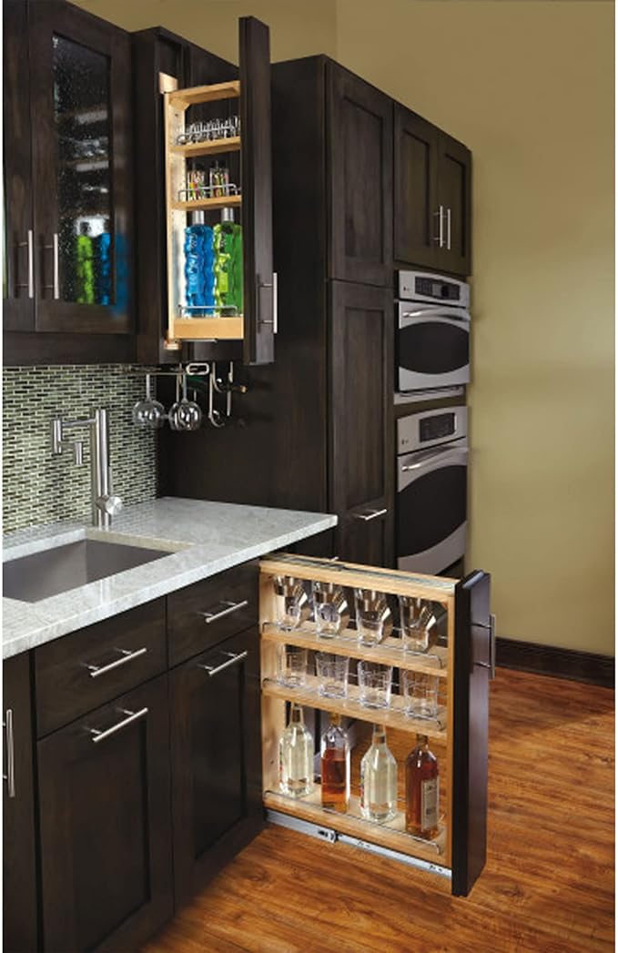 Rev-A-Shelf Pullout Shelf Organizer for Base Kitchen or Bathroom Cabinets, Wood Filler Pantry Storage or Spice Rack, Maple, 6" x 23" x 30", 432-BF-6C